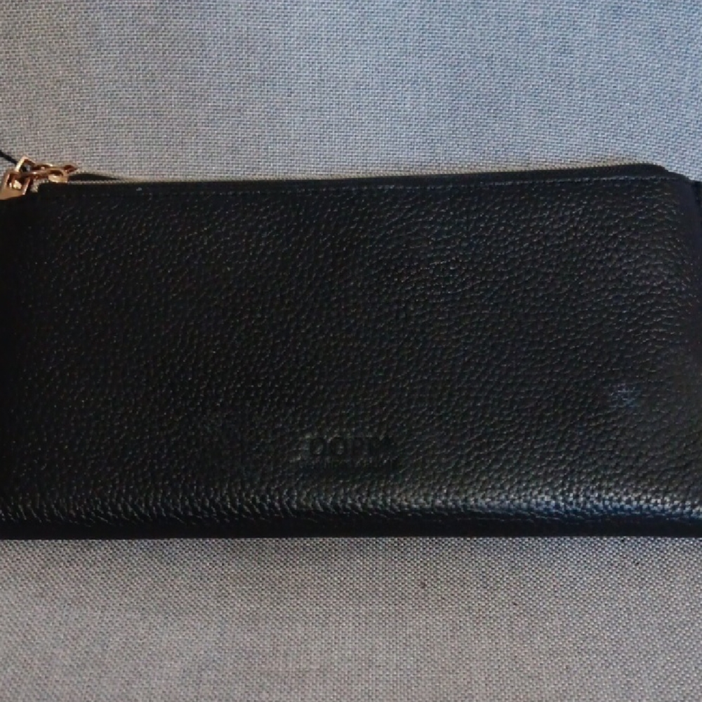Dopp Black Leather Wristlet with Gold Accents